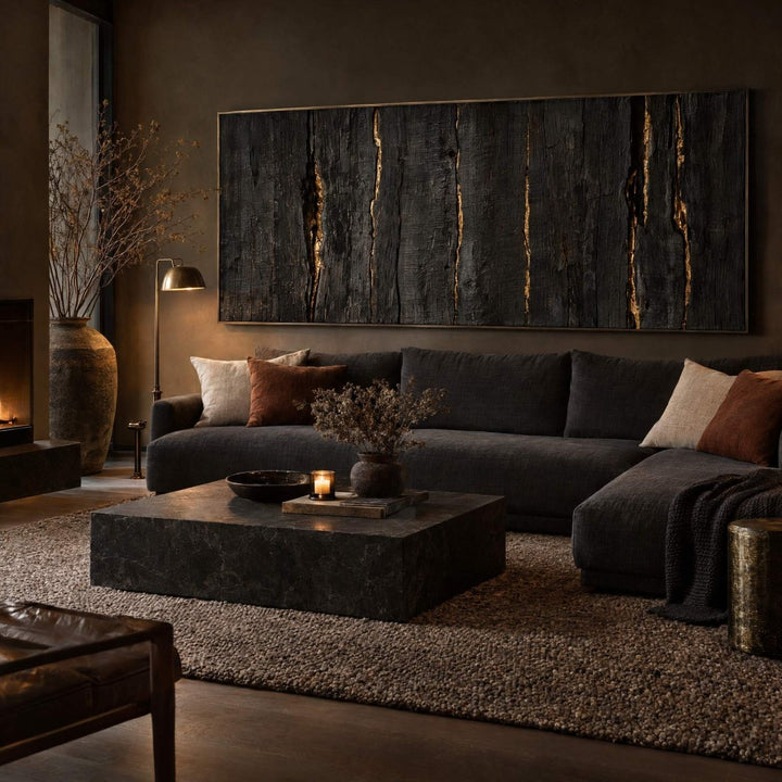 Black and Gold Wall Art – Oversized Charred Timber Textured Look Canvas for Living Room - Sense for Decor