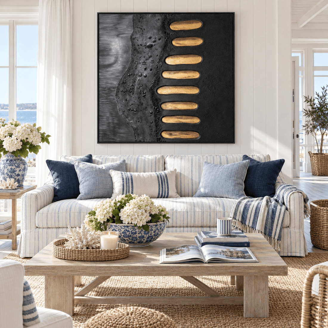 Black and Gold Wall Art – Oversized Minimalist Textured Look Canvas with Gold Leaf for Living Room - Sense for Decor