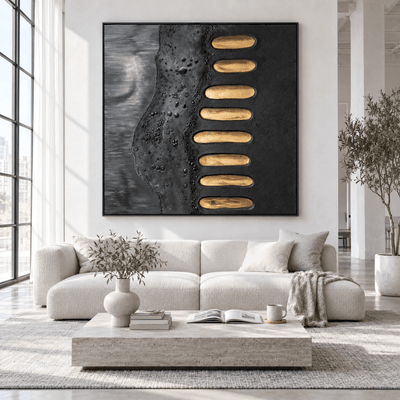 Black and Gold Wall Art – Oversized Minimalist Textured Look Canvas with Gold Leaf for Living Room - Sense for Decor