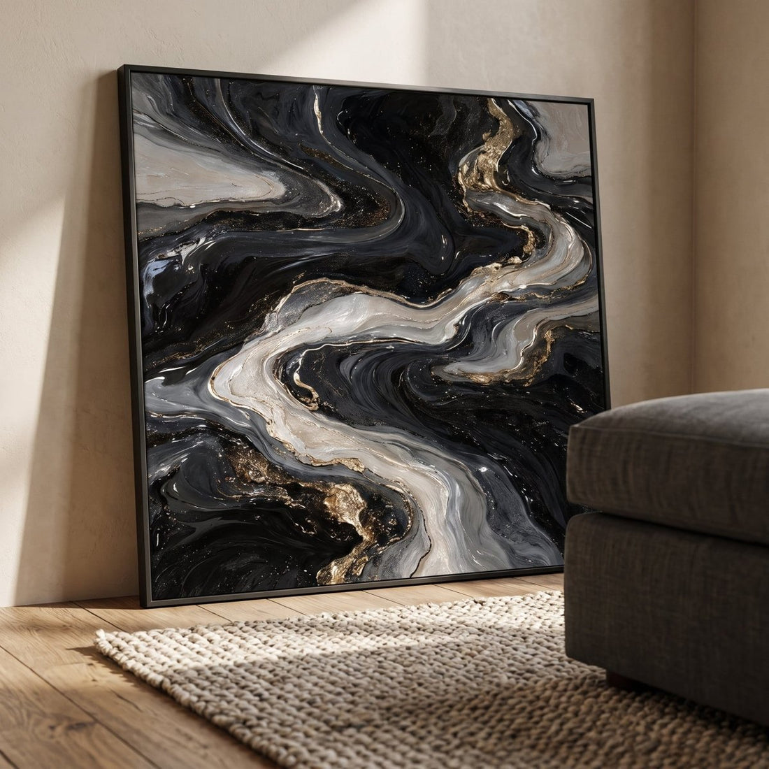 Black and Silver Wall Art – Oversized Abstract River Textured Look Canvas for Living Room - Sense for Decor