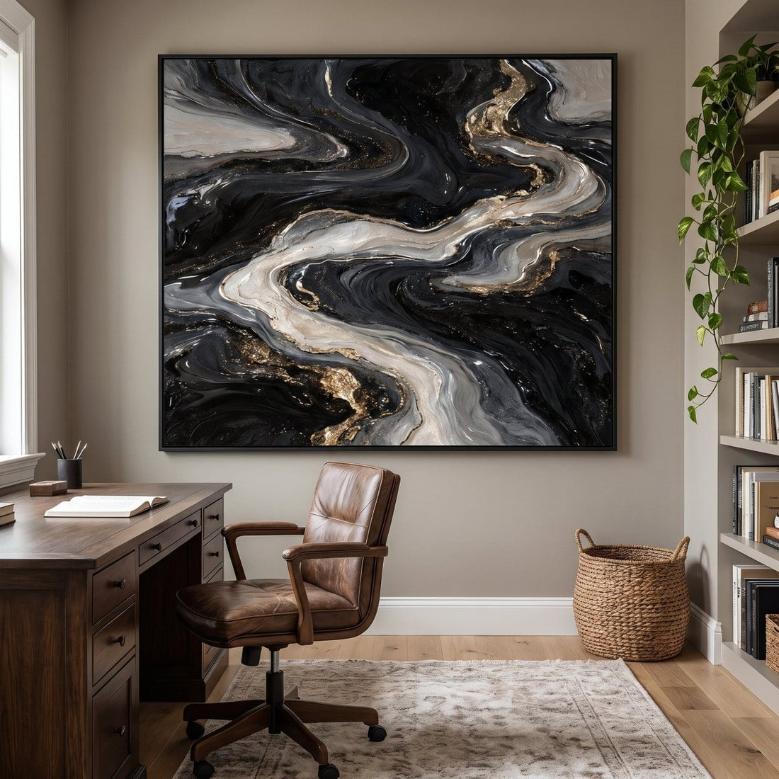 Black and Silver Wall Art – Oversized Abstract River Textured Look Canvas for Living Room - Sense for Decor