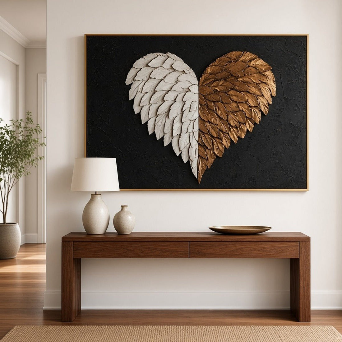 Black & Gold Wings of Love Wall Art – Oversized Black and Gold Angel Wing Heart Textured Look Canvas for Living Room - Sense for Decor