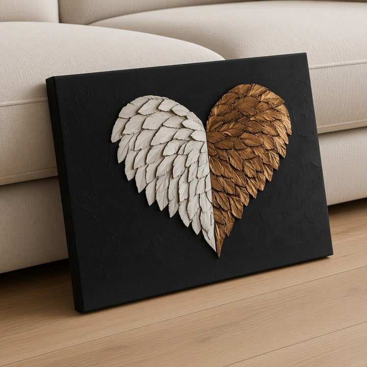 Black & Gold Wings of Love Wall Art – Oversized Black and Gold Angel Wing Heart Textured Look Canvas for Living Room - Sense for Decor