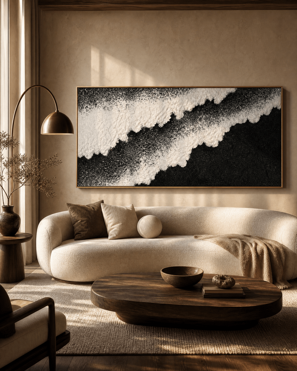 Black Sand Shore Wall Art – Luxury Cream and Charcoal Canvas in Vertical or Horizontal - Sense for Decor