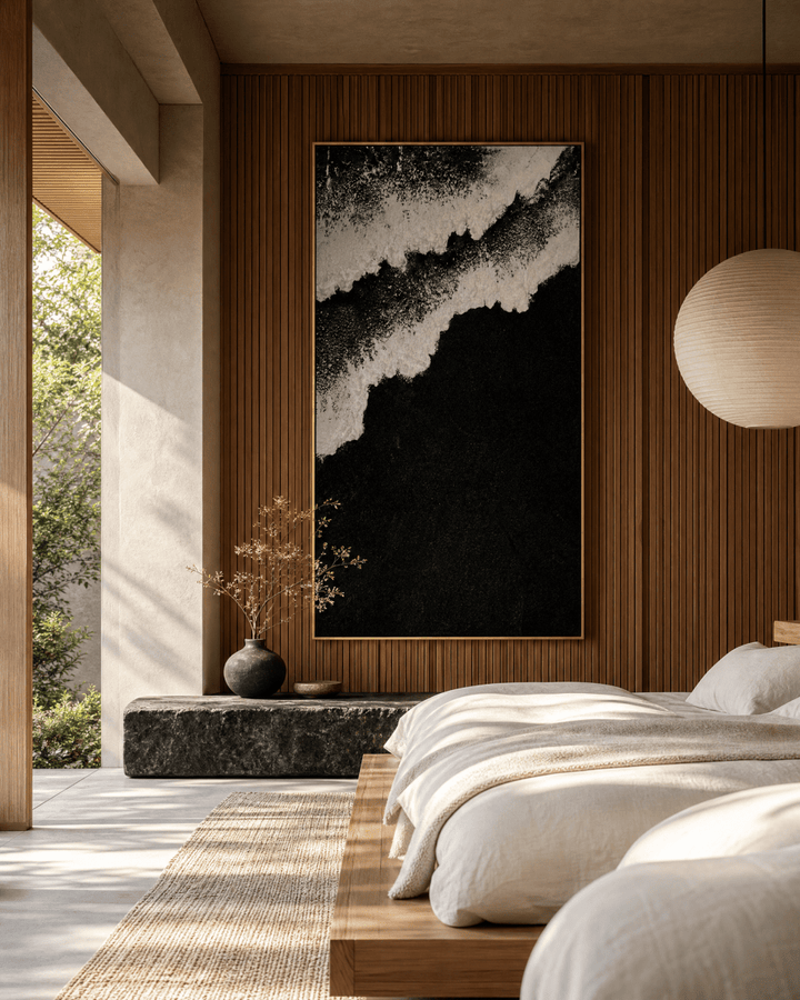 Black Sand Shore Wall Art – Luxury Cream and Charcoal Canvas in Vertical or Horizontal - Sense for Decor