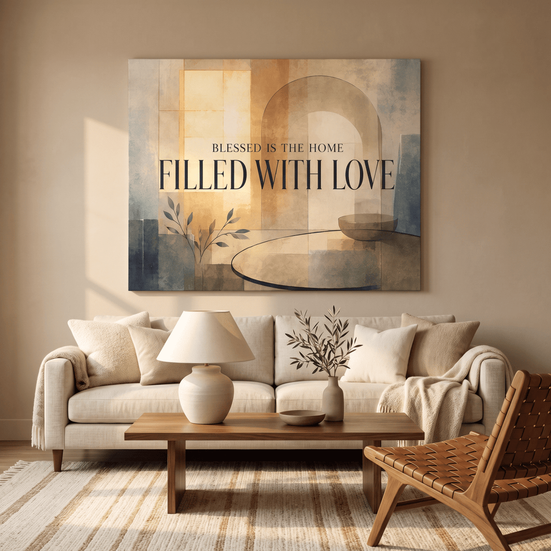 Blessed Is The Home Filled With Love Wall Art – Modern Abstract Canvas in Warm Neutral Cream & Gold - Sense for Decor