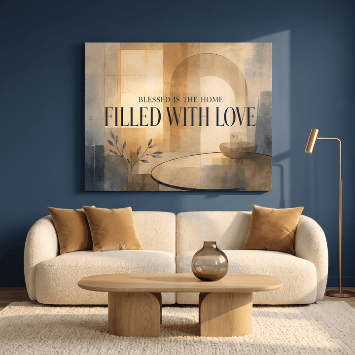 Blessed Is The Home Filled With Love Wall Art – Modern Abstract Canvas in Warm Neutral Cream & Gold - Sense for Decor
