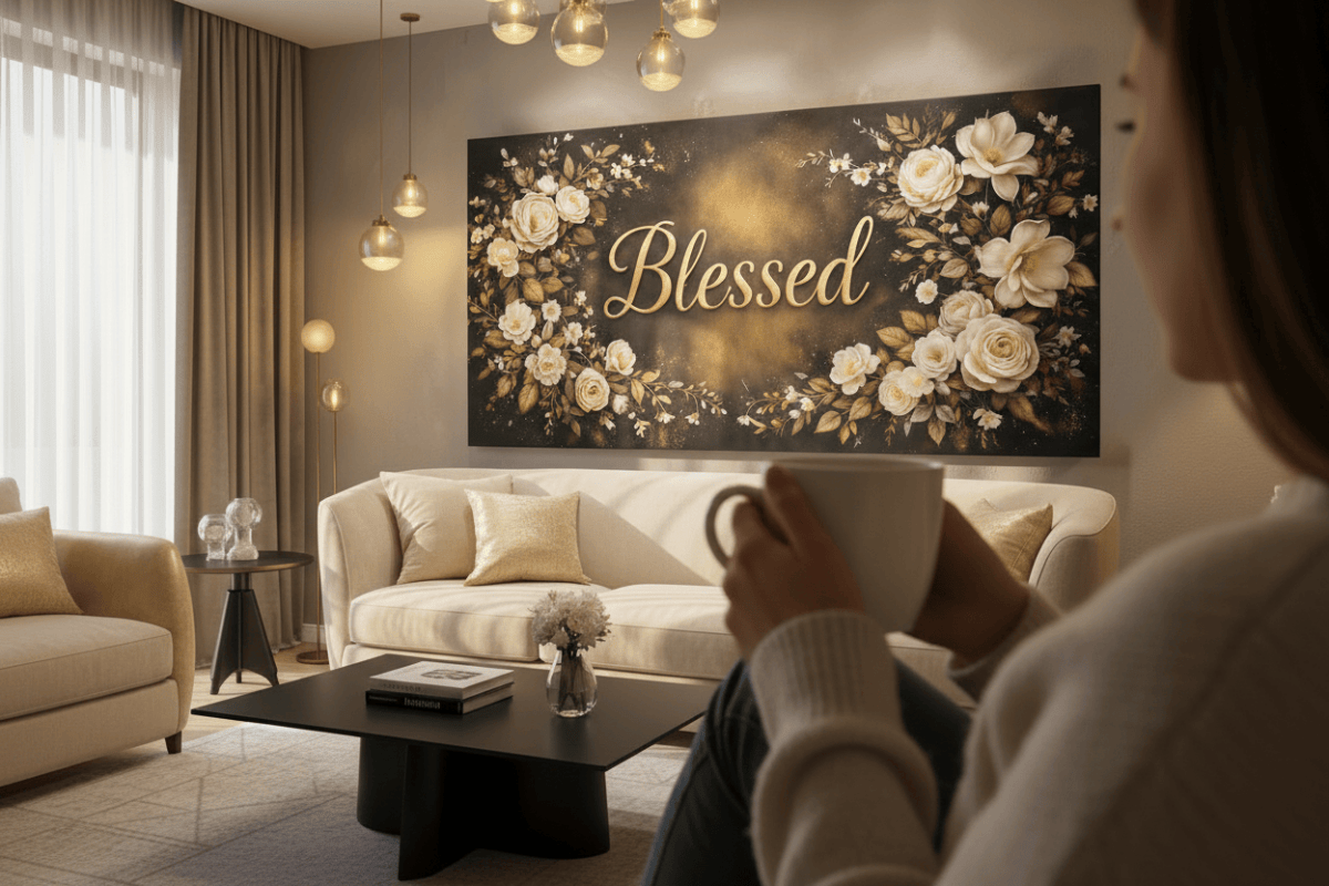 Blessed Midnight Floral Wall Art - Gold & Ivory Rose Canvas with Dramatic Black Backdrop - Sense for Decor
