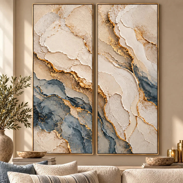 Blue and Gold Abstract Wall Art – Oversized 2 Piece Textured Marble Canvas Set for Living Room and Bedroom - Sense for Decor
