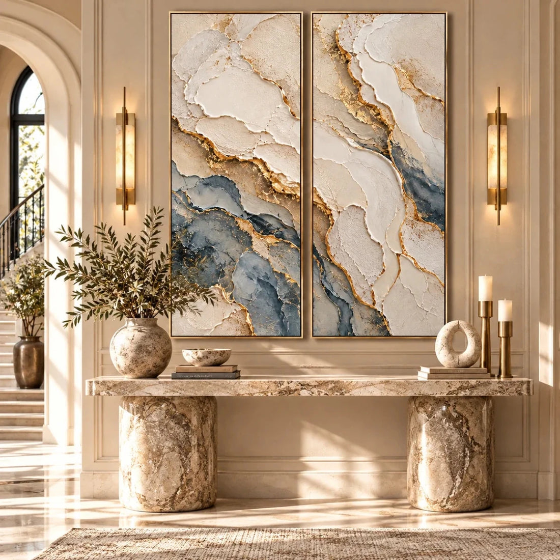 Blue and Gold Abstract Wall Art – Oversized 2 Piece Textured Marble Canvas Set for Living Room and Bedroom - Sense for Decor