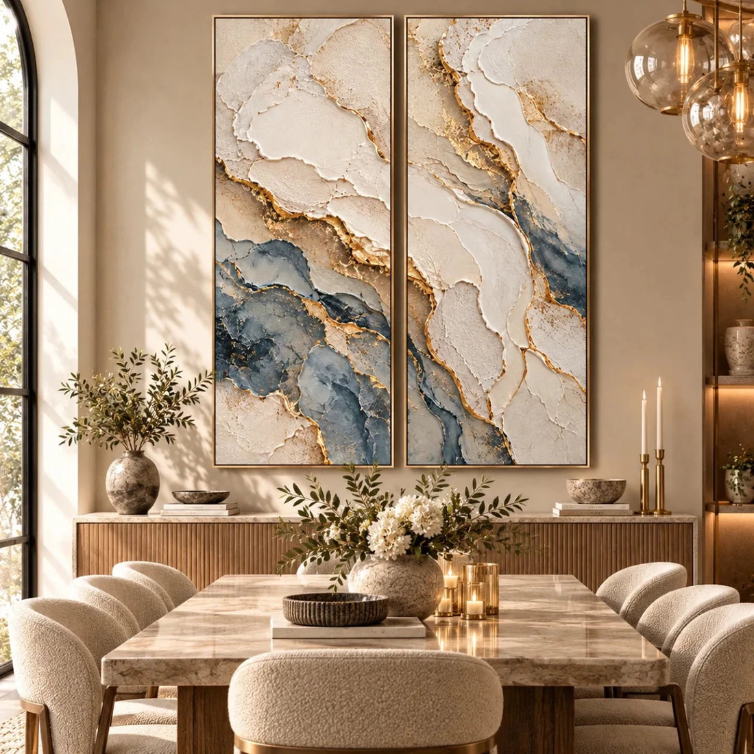 Blue and Gold Abstract Wall Art – Oversized 2 Piece Textured Marble Canvas Set for Living Room and Bedroom - Sense for Decor