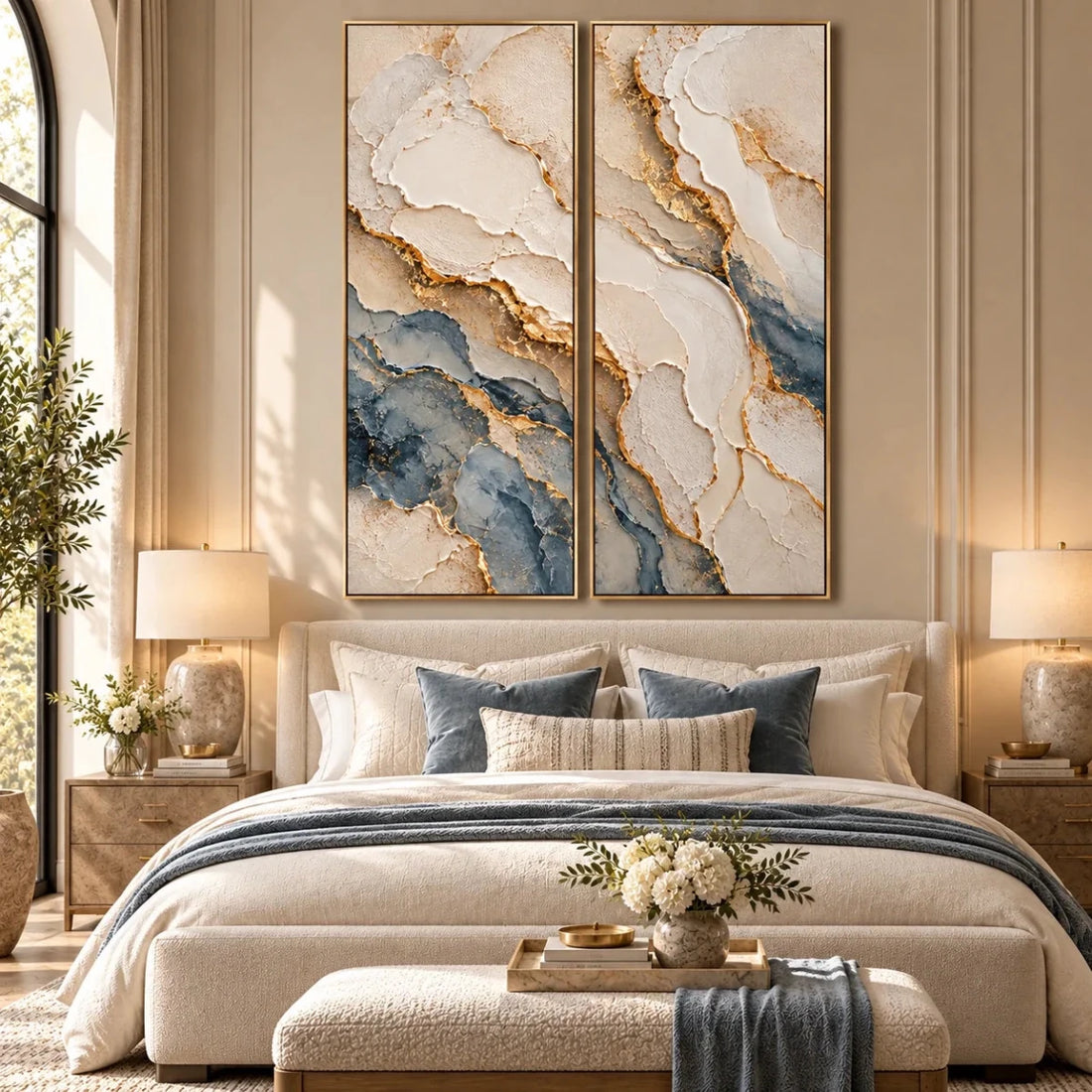 Blue and Gold Abstract Wall Art – Oversized 2 Piece Textured Marble Canvas Set for Living Room and Bedroom - Sense for Decor