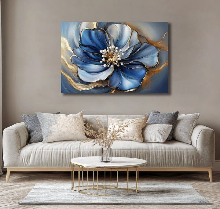 Blue Bloom Luxe – Sapphire & Gold Floral Canvas Wall Art - Sense for Decor