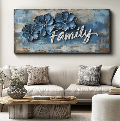 Blue Blossom Family Wall Art – Rustic Farmhouse Canvas Sign - Sense for Decor