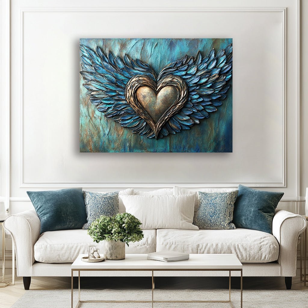 Blue Heart Feather Wall Art – Elegant Canvas for Modern Interiors - Sense for Decor
