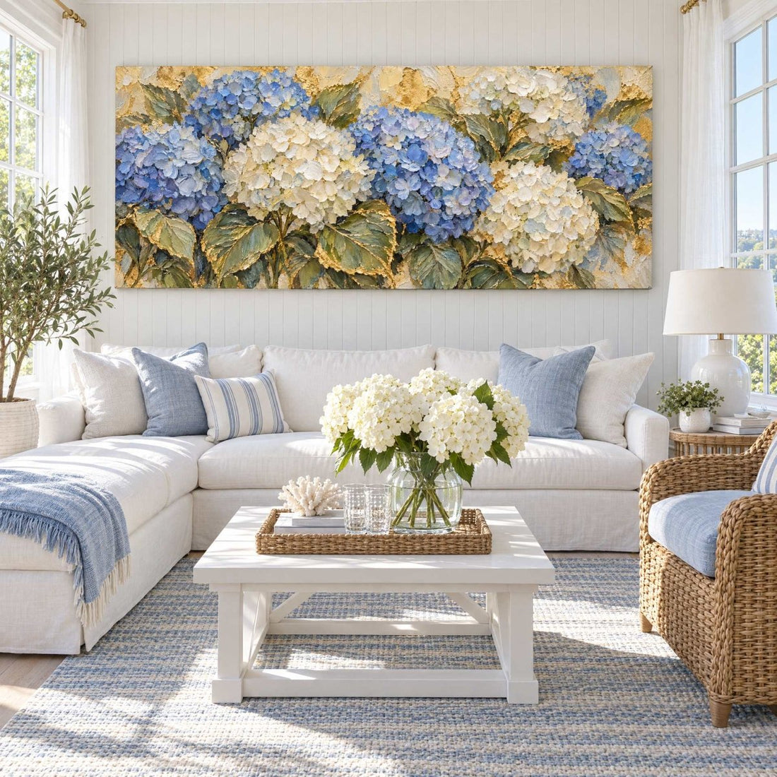 Blue Hydrangea Wall Art – Oversized Panoramic Coastal Textured Look Canvas for Living Room - Sense for Decor