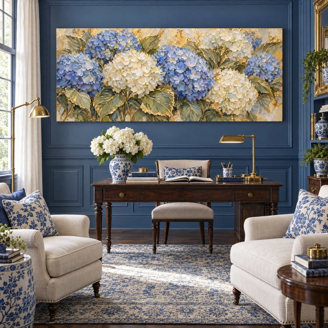 Blue Hydrangea Wall Art – Oversized Panoramic Coastal Textured Look Canvas for Living Room - Sense for Decor