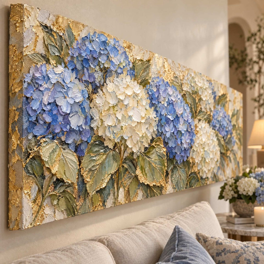 Blue Hydrangea Wall Art – Oversized Panoramic Coastal Textured Look Canvas for Living Room - Sense for Decor