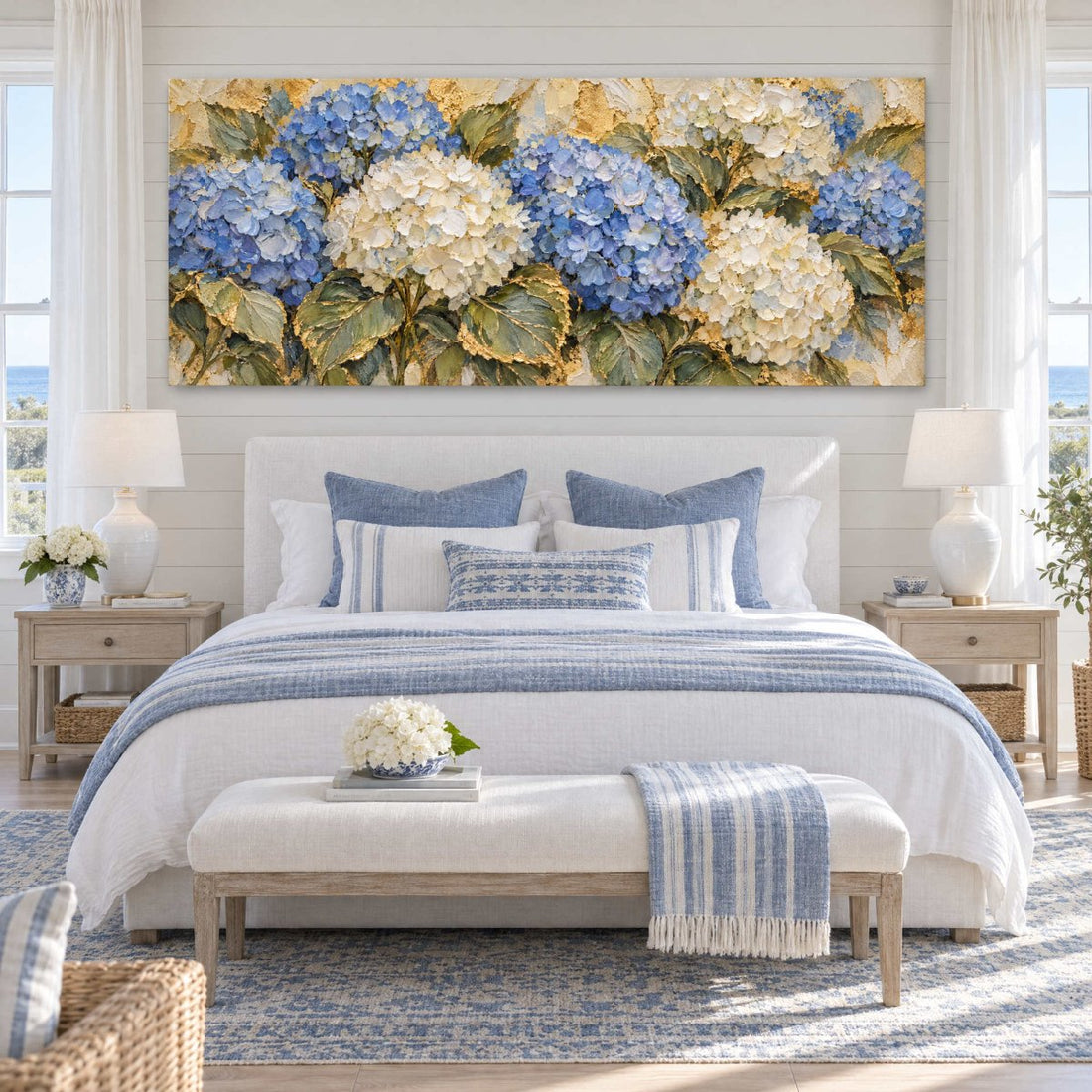 Blue Hydrangea Wall Art – Oversized Panoramic Coastal Textured Look Canvas for Living Room - Sense for Decor