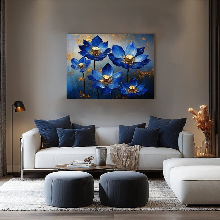 Blue Lotus Radiance – Bold Floral Wall Art Canvas with Gold Accents - Sense for Decor