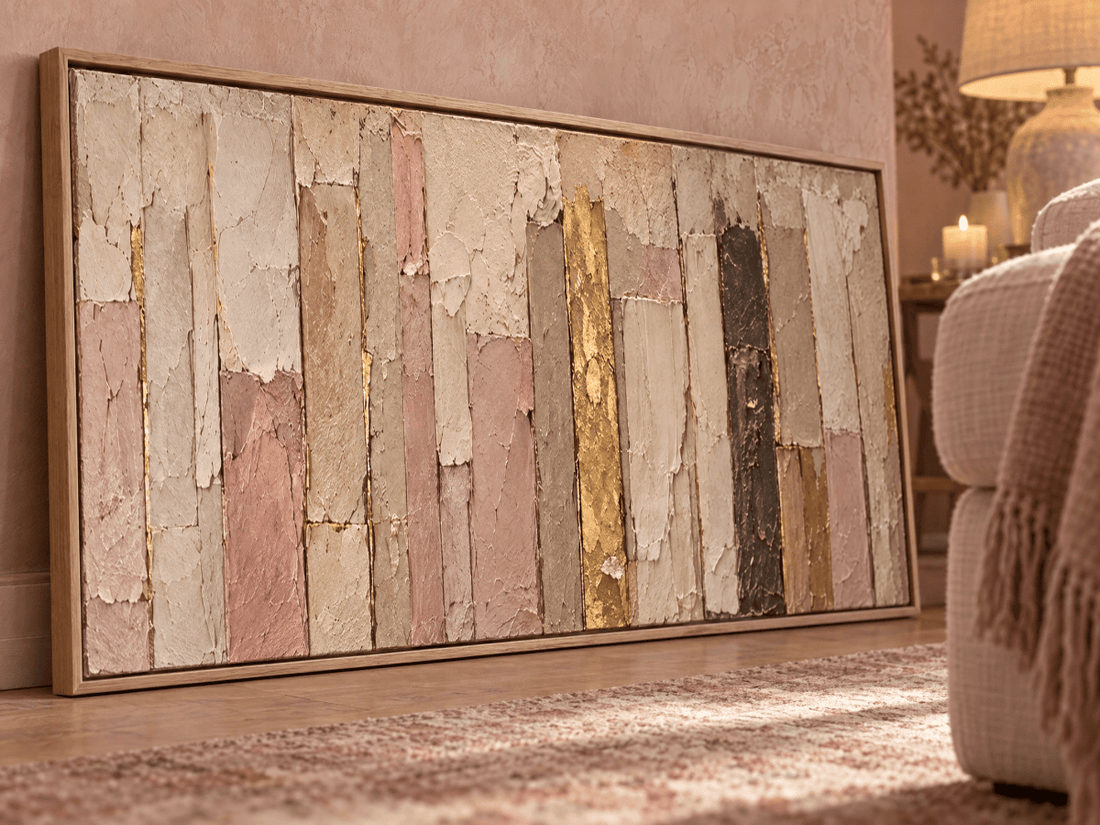 Blush and Gold Abstract Wall Art – Oversized Cream Panoramic Textured Look Canvas for Living Room - Sense for Decor