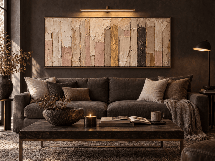 Blush and Gold Abstract Wall Art – Oversized Cream Panoramic Textured Look Canvas for Living Room - Sense for Decor