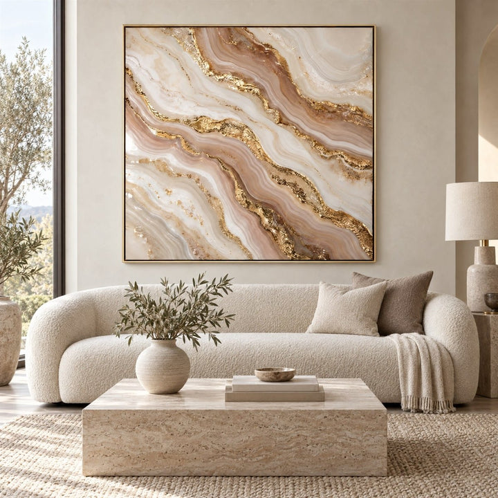 Blush and Gold Wall Art – Oversized Agate Marble Swirl Textured Look Canvas for Living Room - Sense for Decor