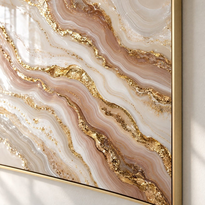 Blush and Gold Wall Art – Oversized Agate Marble Swirl Textured Look Canvas for Living Room - Sense for Decor