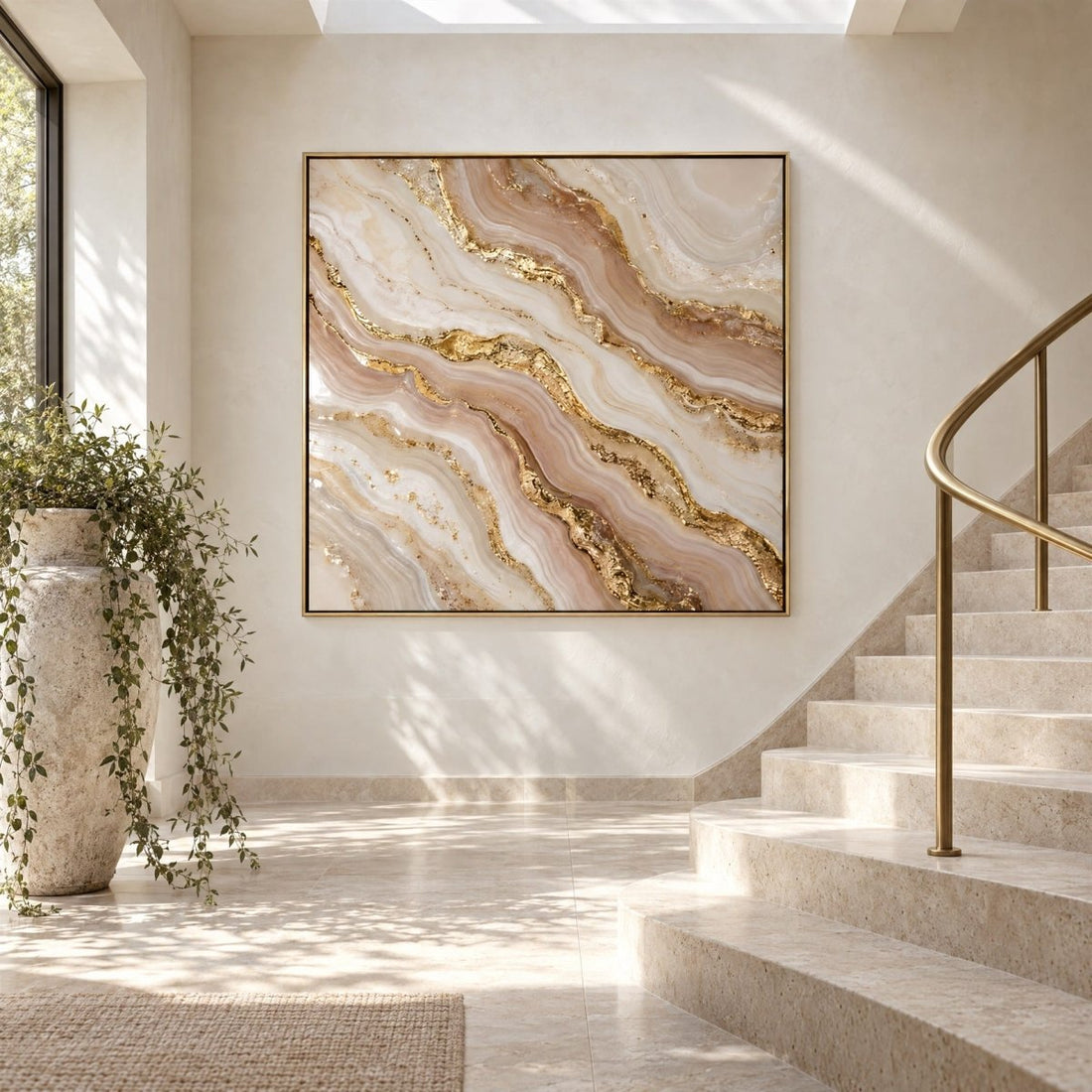 Blush and Gold Wall Art – Oversized Agate Marble Swirl Textured Look Canvas for Living Room - Sense for Decor