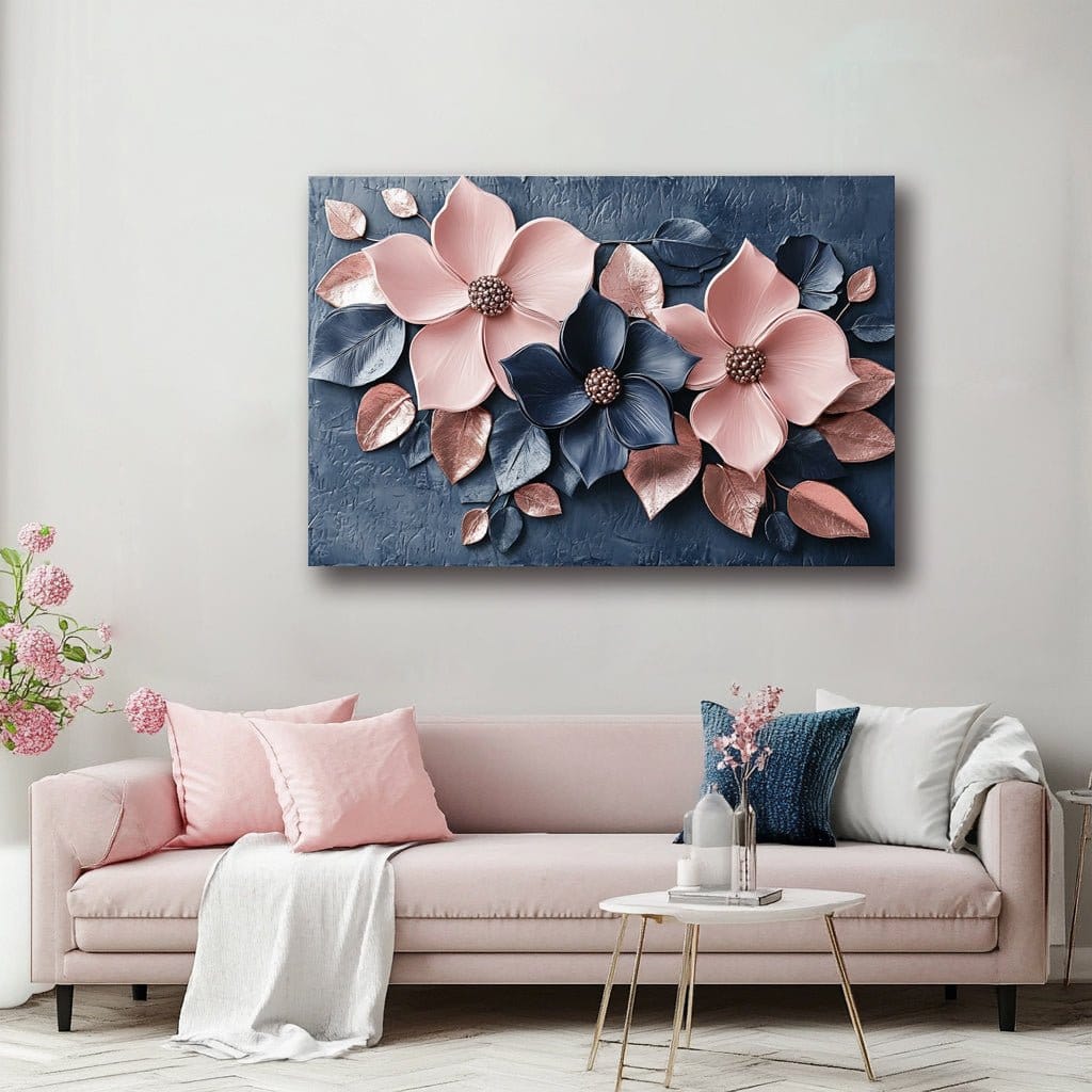 Blush Bloom Elegance – Floral Wall Art in Navy & Rose Gold - Sense for Decor