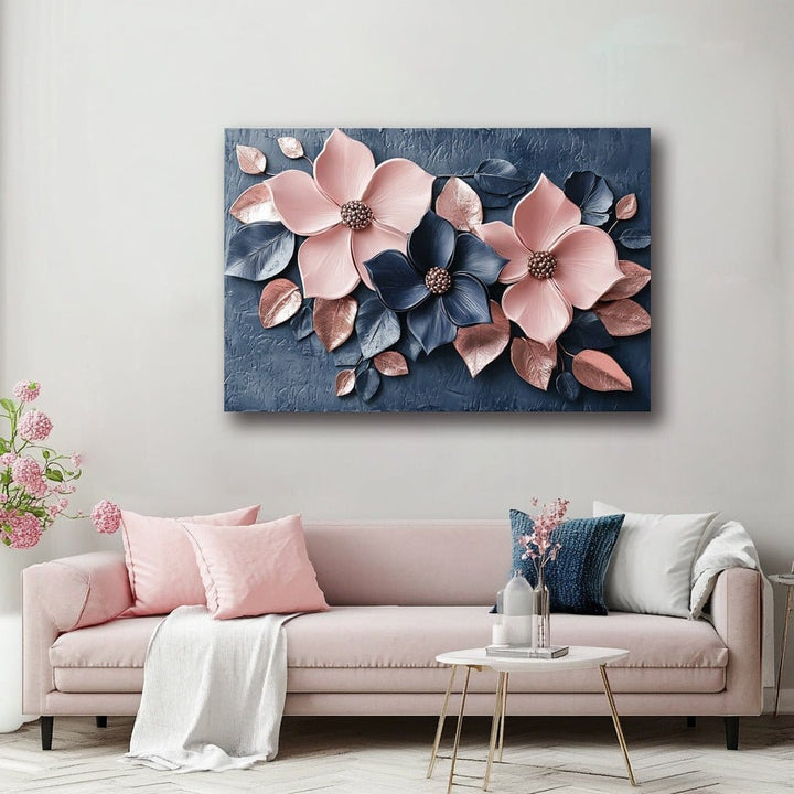 Blush Bloom Elegance – Floral Wall Art in Navy & Rose Gold - Sense for Decor