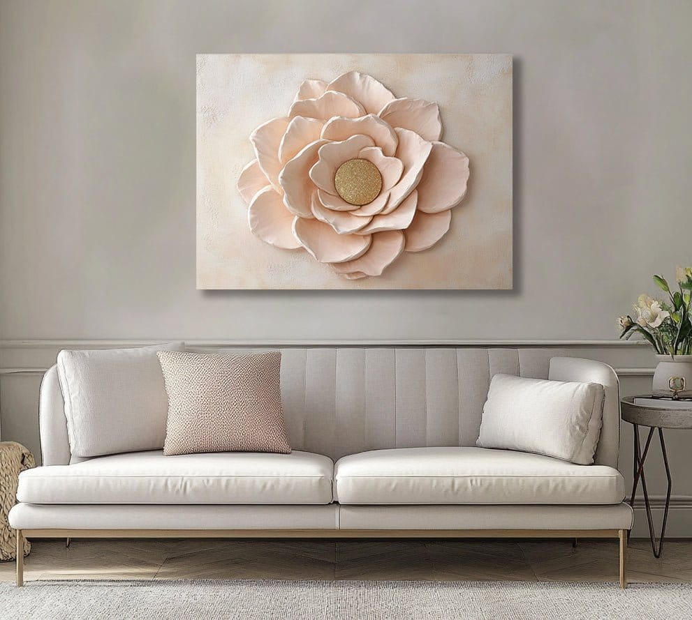 Blush Bloom Grace – Pink Flower Canvas Wall Art with Gold Center - Sense for Decor