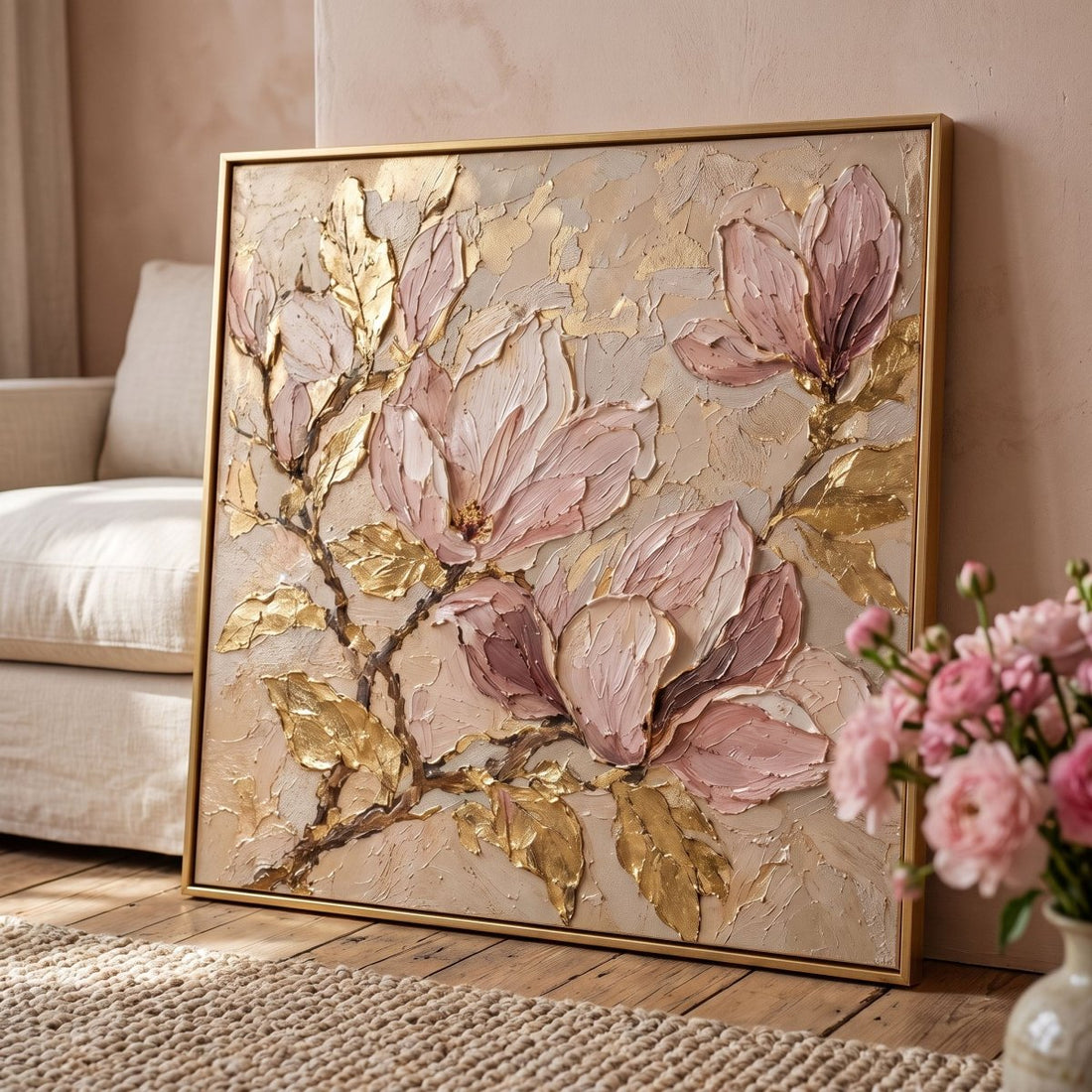 Blush Magnolia Wall Art – Oversized Pink and Gold Textured Look Canvas for Bedroom - Sense for Decor