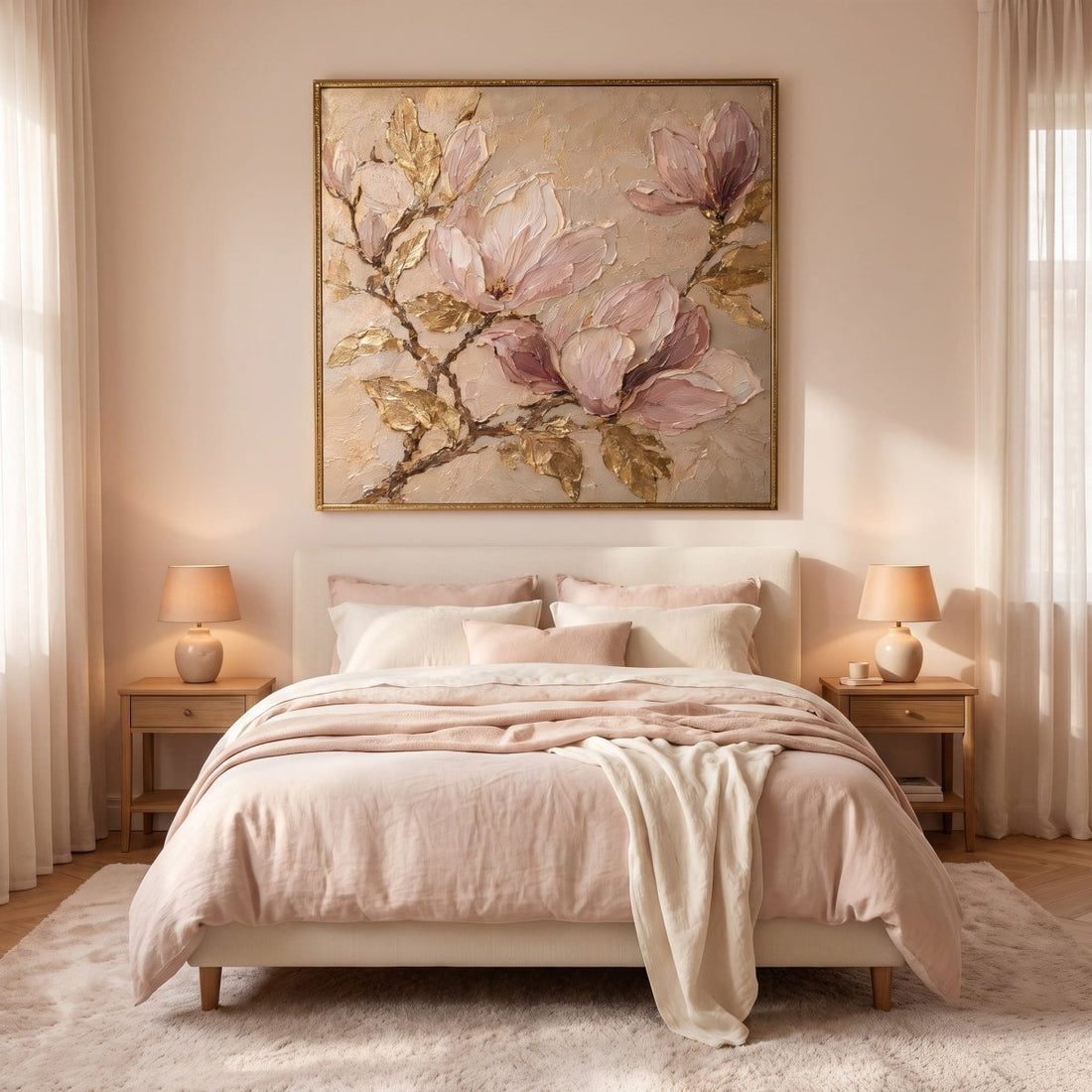 Blush Magnolia Wall Art – Oversized Pink and Gold Textured Look Canvas for Bedroom - Sense for Decor