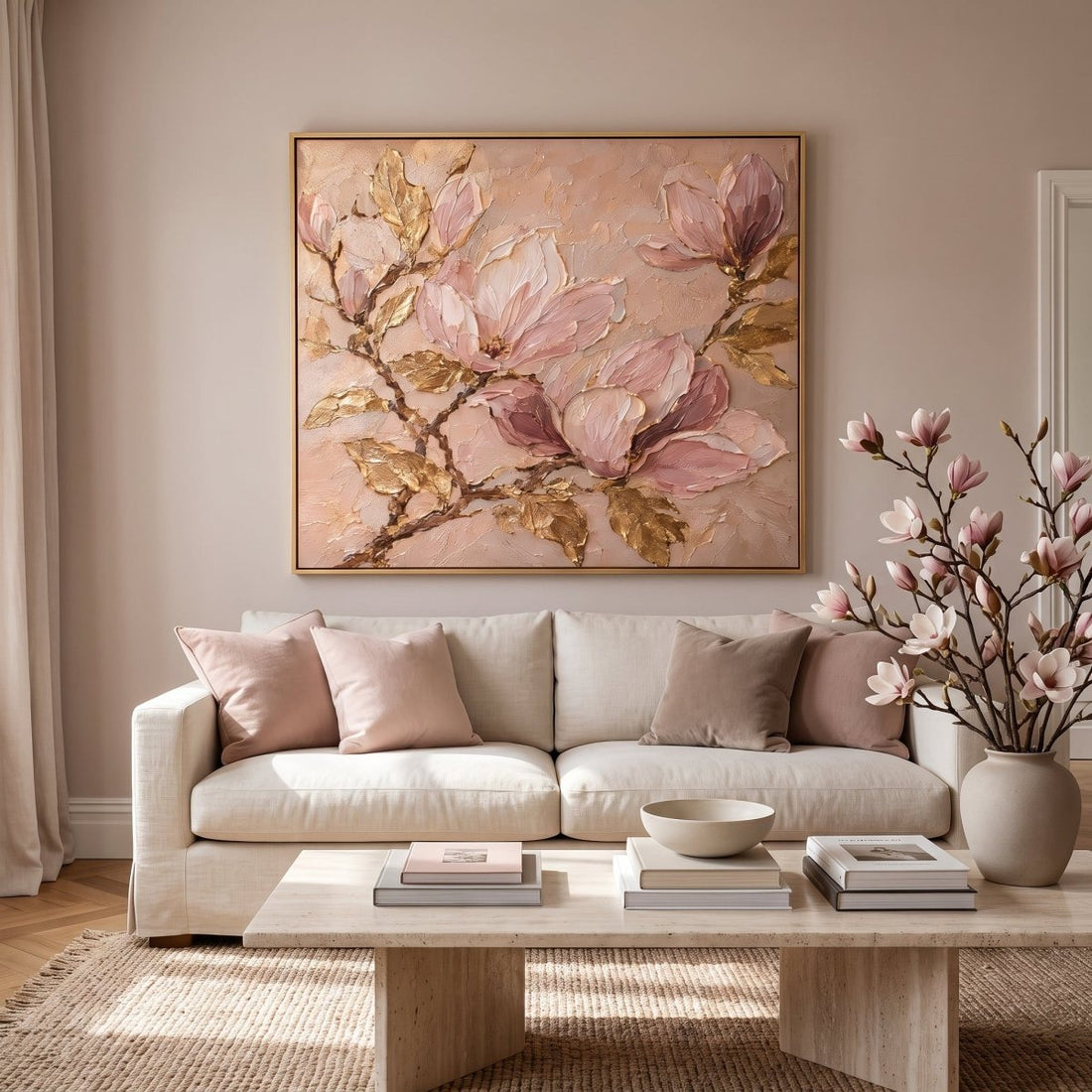 Blush Magnolia Wall Art – Oversized Pink and Gold Textured Look Canvas for Bedroom - Sense for Decor