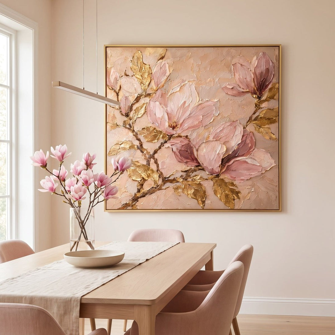 Blush Magnolia Wall Art – Oversized Pink and Gold Textured Look Canvas for Bedroom - Sense for Decor