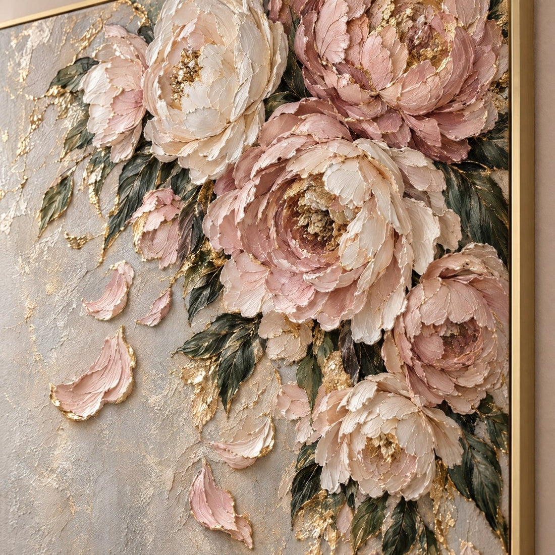 Blush Peony Wall Art – Oversized Pink and Gold Cascading Floral Textured Look Canvas for Bedroom - Sense for Decor