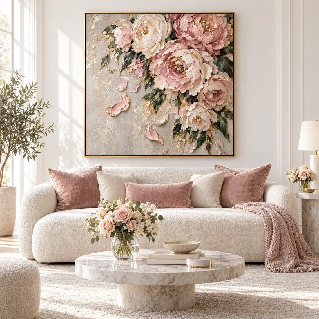Blush Peony Wall Art – Oversized Pink and Gold Cascading Floral Textured Look Canvas for Bedroom - Sense for Decor