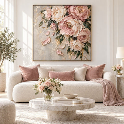 Blush Peony Wall Art – Oversized Pink and Gold Cascading Floral Textured Look Canvas for Bedroom - Sense for Decor