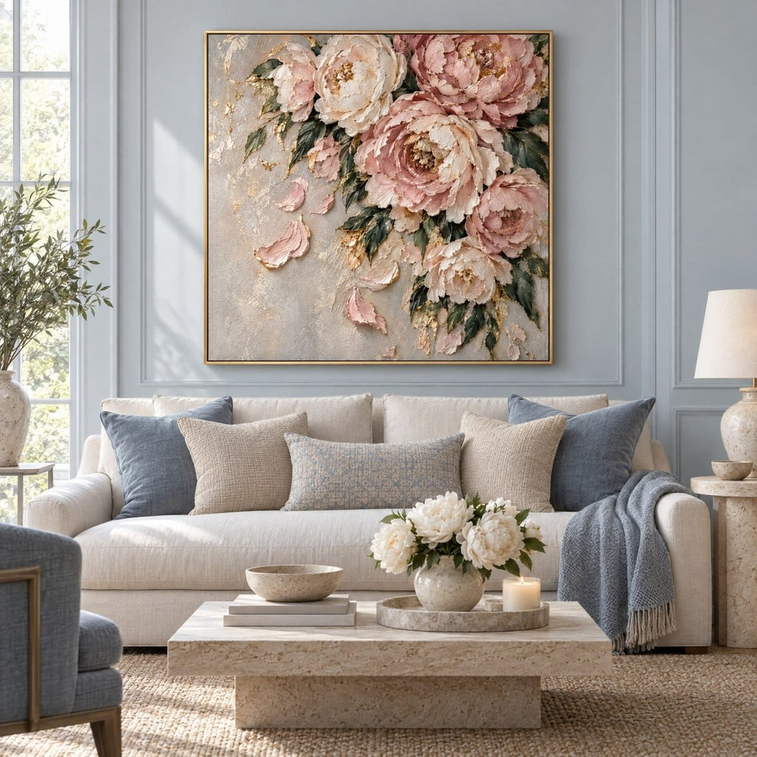Blush Peony Wall Art – Oversized Pink and Gold Cascading Floral Textured Look Canvas for Bedroom - Sense for Decor