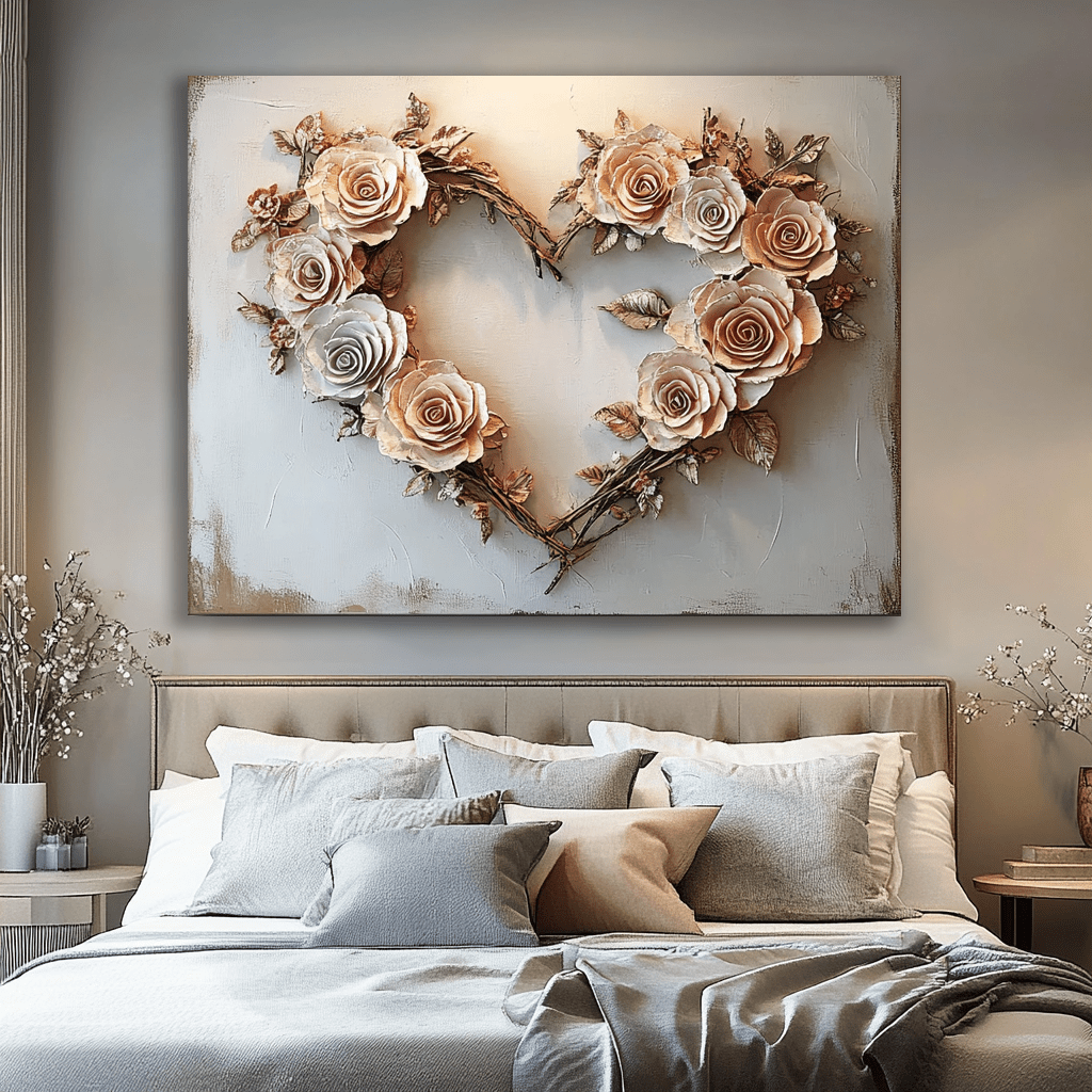 Blush Rose Heart Wall Art – Romantic Floral Canvas for Bedroom Decor - Sense for Decor