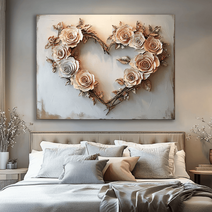Blush Rose Heart Wall Art – Romantic Floral Canvas for Bedroom Decor - Sense for Decor