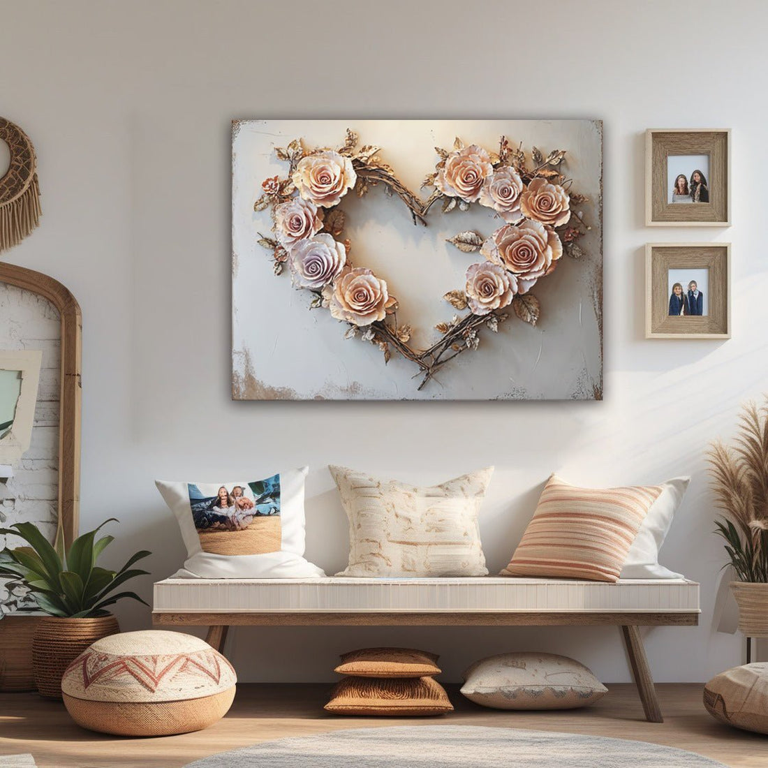 Blush Rose Heart Wall Art – Romantic Floral Canvas for Bedroom Decor - Sense for Decor