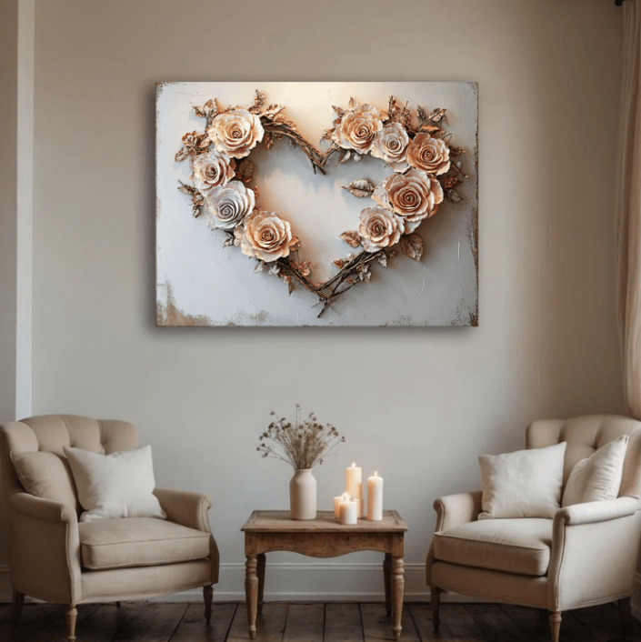 Blush Rose Heart Wall Art – Romantic Floral Canvas for Bedroom Decor - Sense for Decor