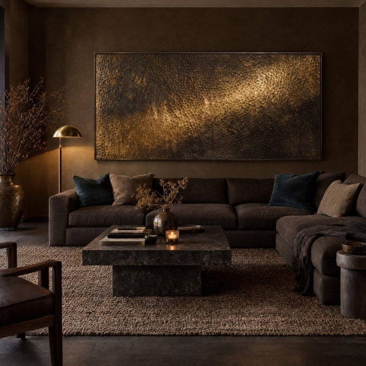 Brass Wall Art – Oversized Hammered Gold Relief Textured Look Canvas for Living Room - Sense for Decor