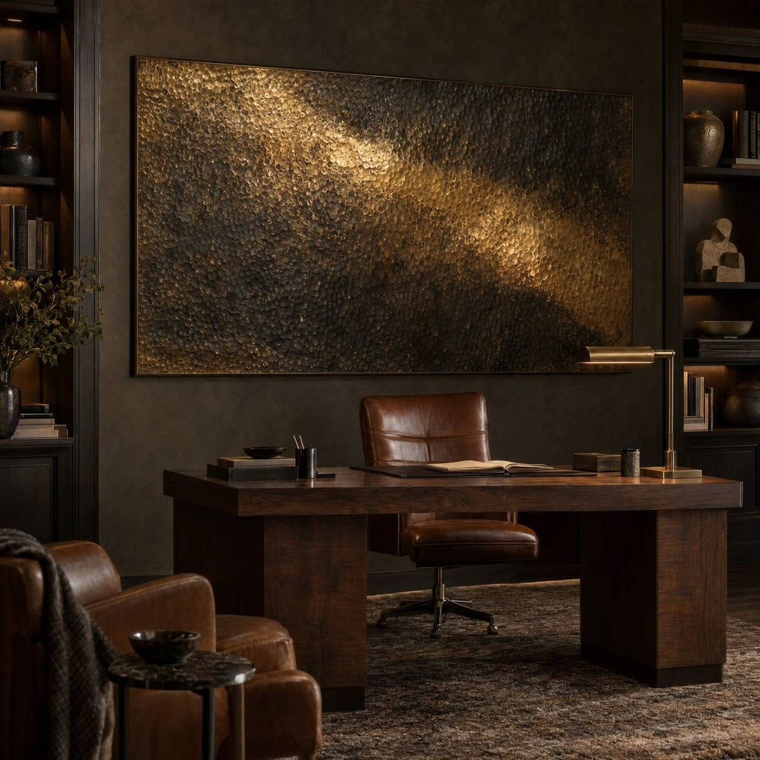 Brass Wall Art – Oversized Hammered Gold Relief Textured Look Canvas for Living Room - Sense for Decor
