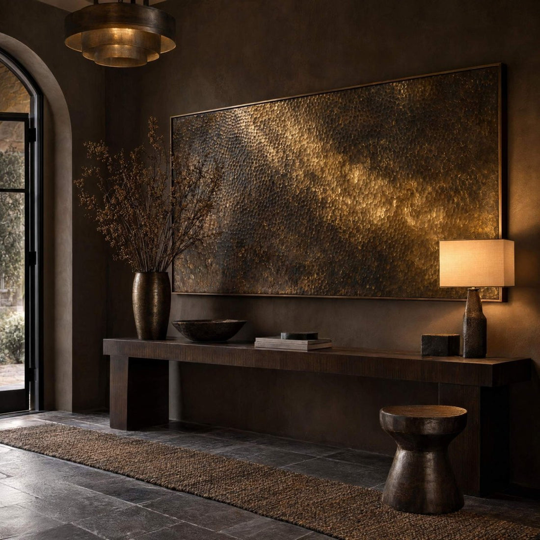 Brass Wall Art – Oversized Hammered Gold Relief Textured Look Canvas for Living Room - Sense for Decor
