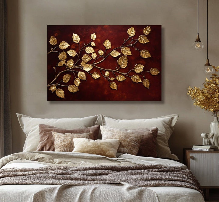 Burgundy Gold Leaf Branch Canvas – Elegant Wall Art for Refined Interiors - Sense for Decor
