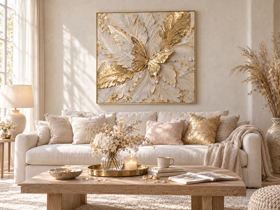 Gold Butterfly Wall Art – Oversized Cream and Ivory Textured Look Canvas for Bedroom and Living Room