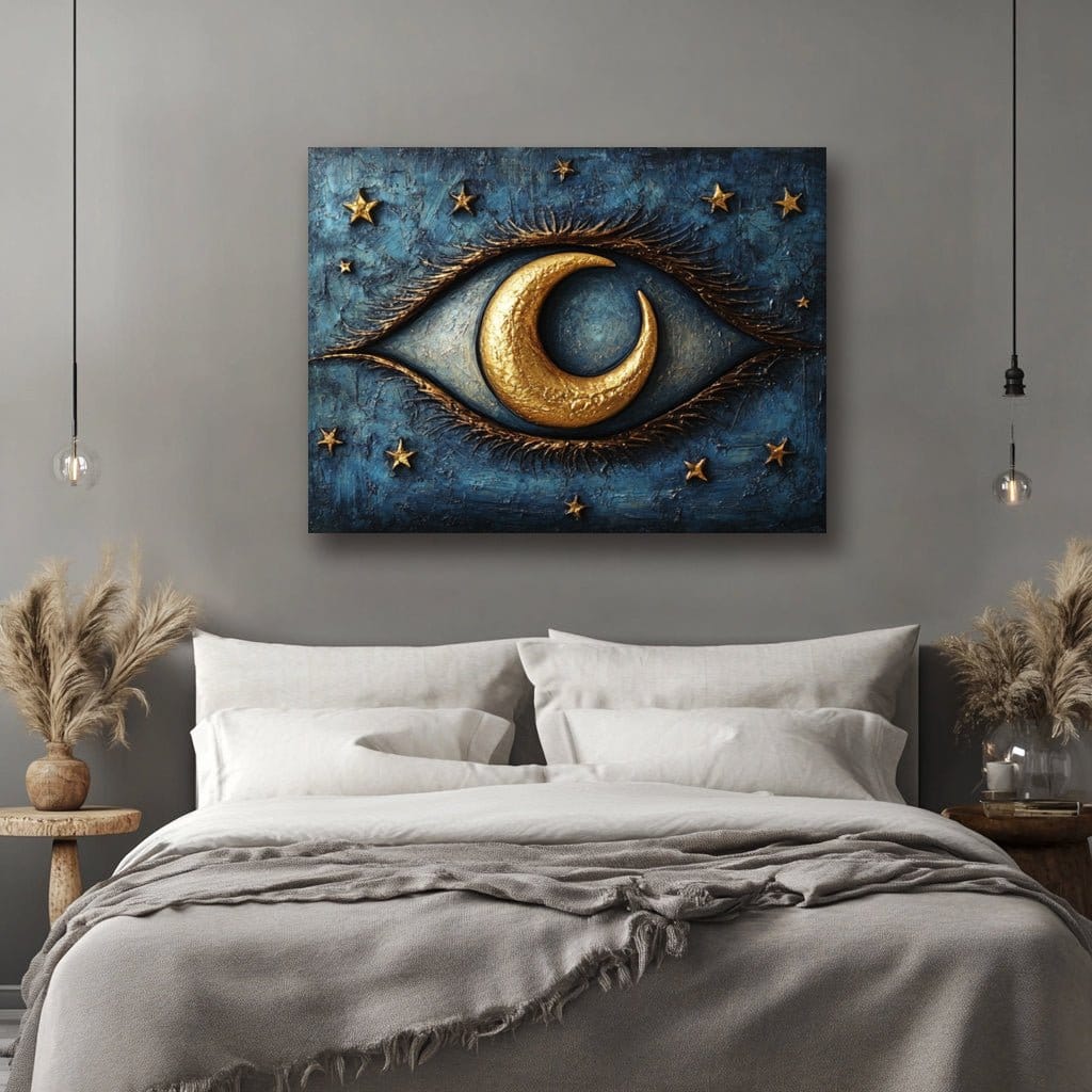 Celestial Vision – Crescent Moon & Stars Eye Wall Art Canvas for Bedroom or Meditation Space - Sense for Decor